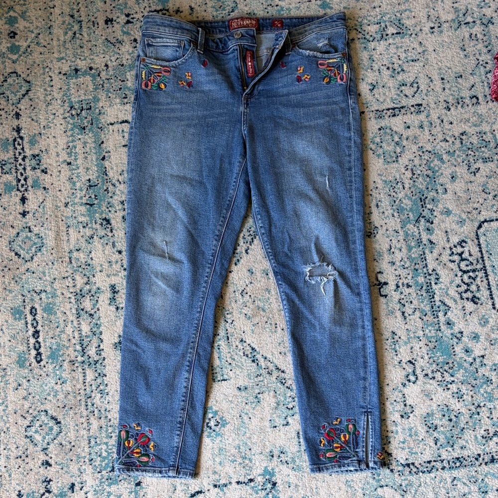 Lucky Brand Blue Skinny Jeans with Colorful Floral Embroidery